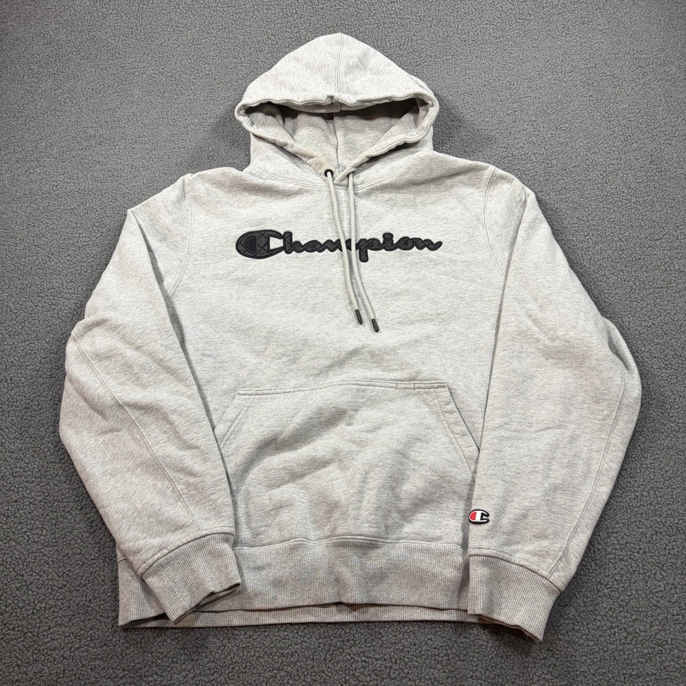 Champion Hoodie Mens Large Gray Script Logo Pullover S4962G Fleece Sweatshirt